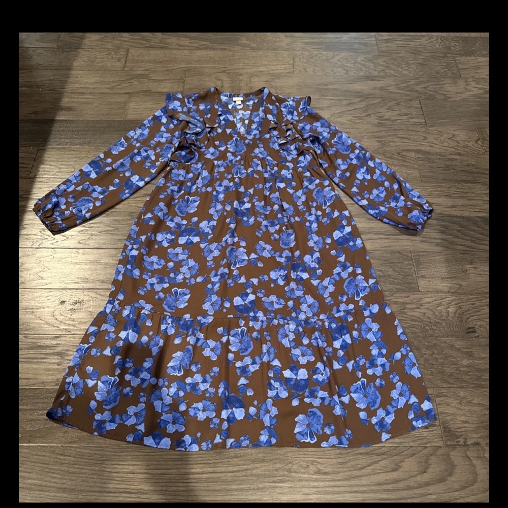 A New Day Womens M Brown Blue Floral Dress Long Sleeve Ruffle Hem Midi Pockets